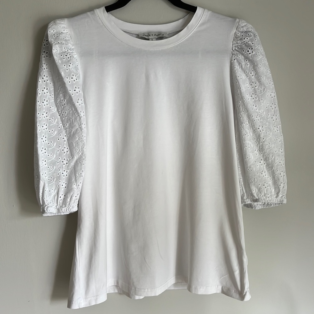 White Eyelet Puff Sleeve Top Crewneck Cotton Blouse Cottagecore Embroidered Chic